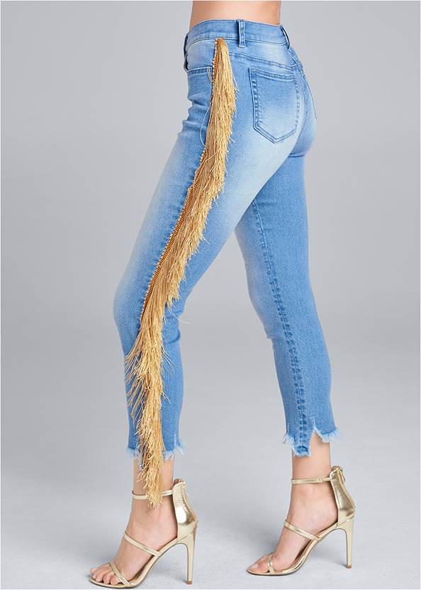 Waist down side view Cropped Fringe Trim Jeans