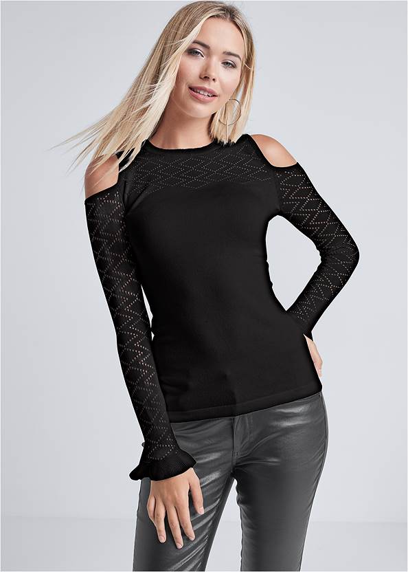 Pointelle Stitch Sweater,5-Pocket Faux-Leather Pants,Mid-Rise Slimming Stretch Jeggings,Buckle Detail Booties,Hoop Detail Earrings,Python Clutch