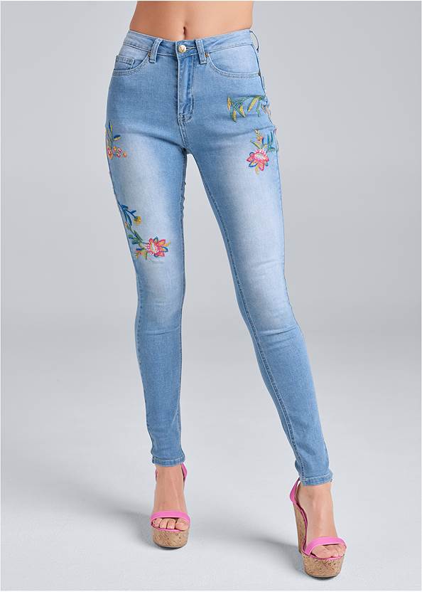 Front View Floral Embroidered Skinny Jeans