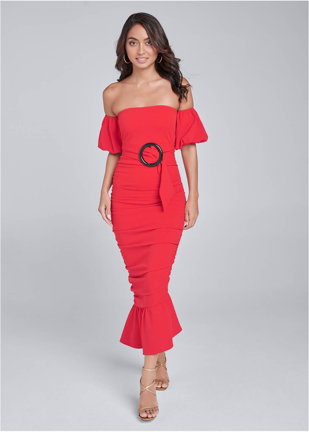 Off Shoulder Ruched Dress in Red | VENUS