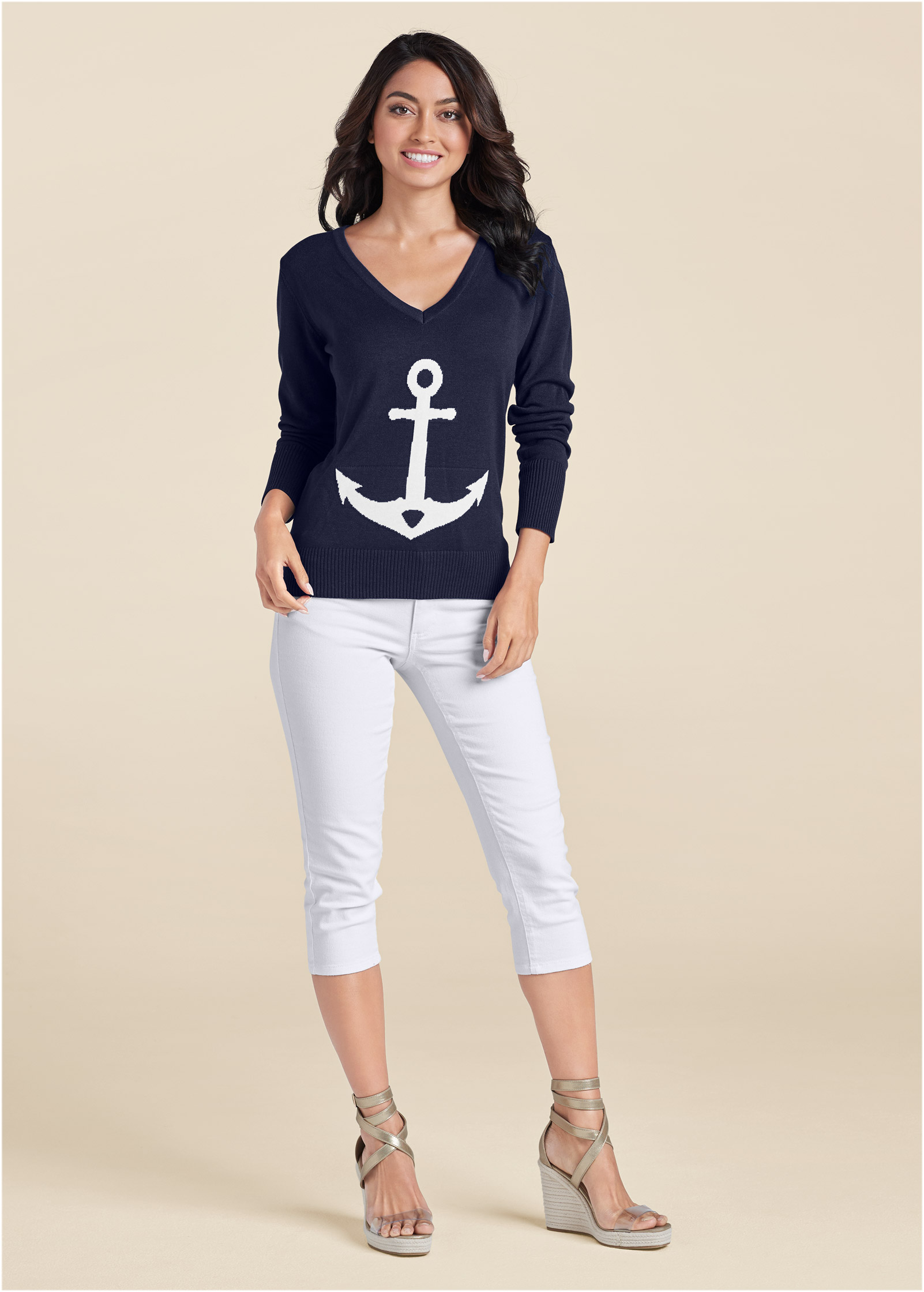 ANCHOR V-NECK SWEATER in Navy & White | VENUS