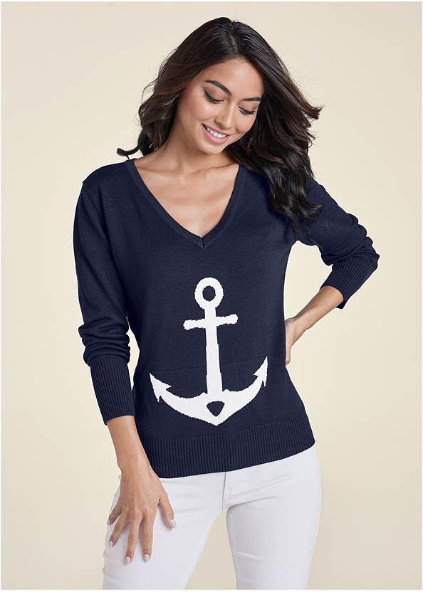 Front View Anchor V-Neck Sweater