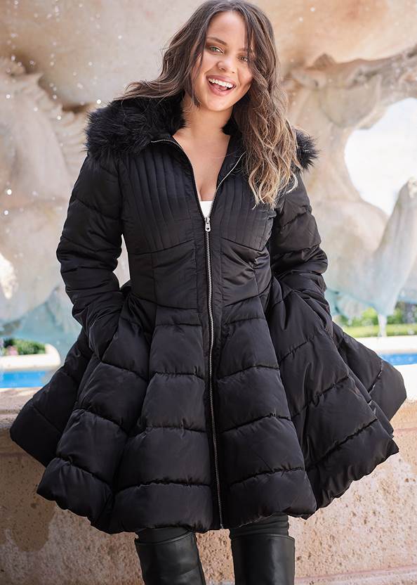 Peplum Puffer Coat,Basic Cami Two Pack,Slim Jeans,Mid-Rise Slimming Stretch Jeggings,Stretch-Back Boots,Beaded Drop Earrings