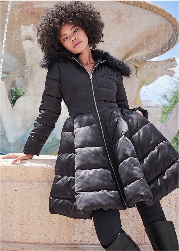 Peplum Puffer Coat,Off-The-Shoulder Top,Mid Rise Slimming Stretch Jeggings,Slim Jeans,Stretch Back Boots,Tiger Detail Earrings,Perforated Handbag