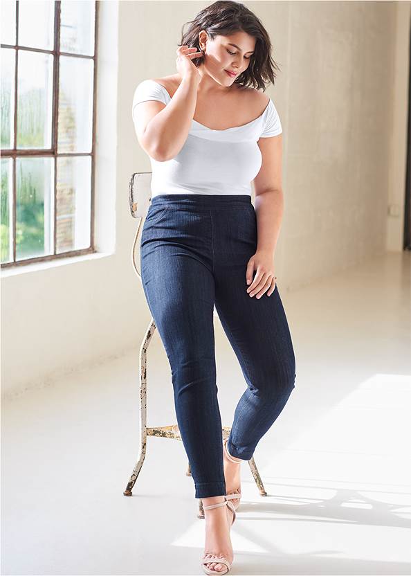 Mid Rise Slimming Stretch Jeggings,Basic Cami Two Pack,Off-The-Shoulder Bodysuit,Open Knit Cardigan,Mid Rise Color Skinny Jeans,High Heel Strappy Sandals,Lace-Up Tall Boots