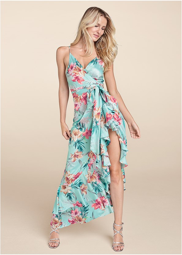 Floral Print Wrap Dress in Aqua Multi | VENUS