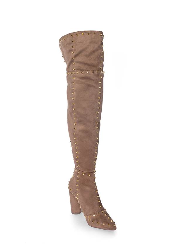 Studded Over The Knee Boots,Mid-Rise Slimming Stretch Jeggings,Mixed Earring Set