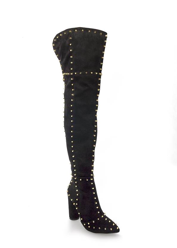 Studded Over The Knee Boots,Seamless Fitted Cutout Top,Skinny Jeans