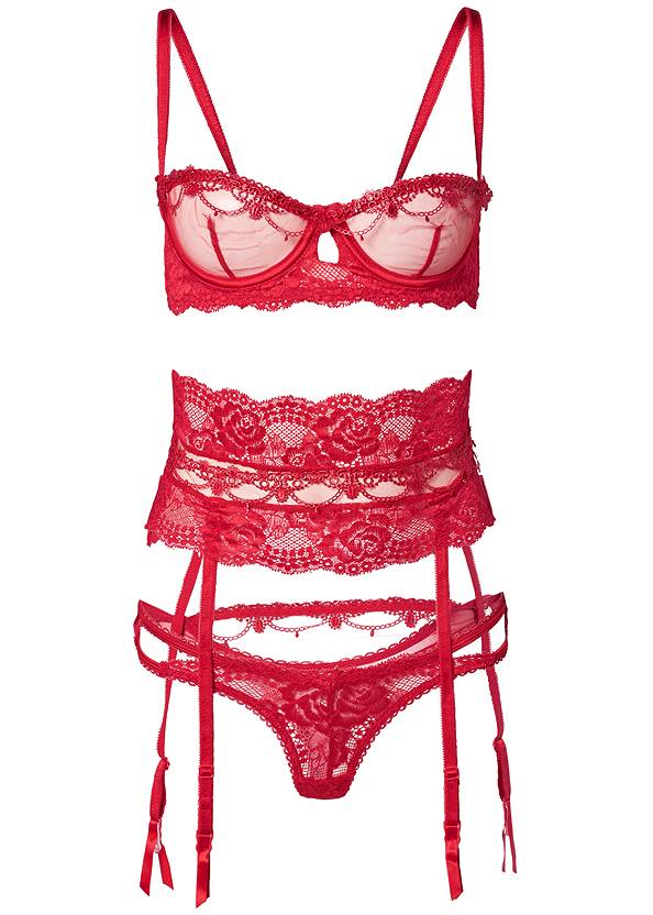 Bra Panty Garter Set in Red | VENUS
