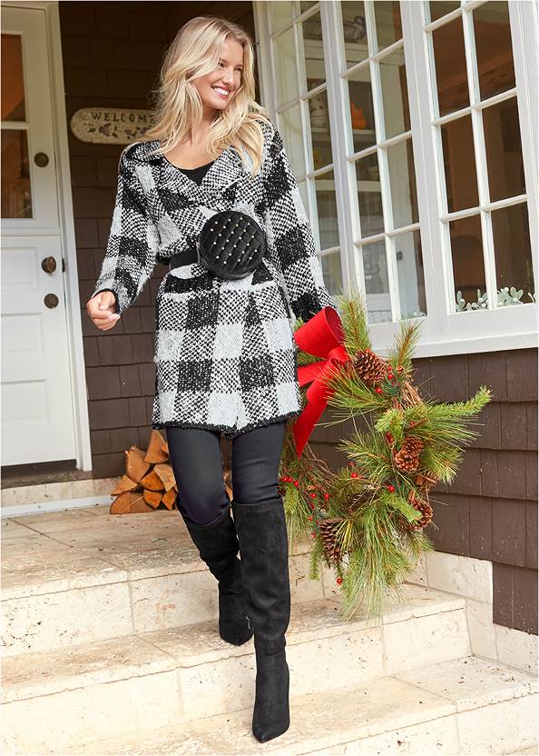 Sparkle Plaid Long Cardigan,Seamless Fitted Cutout Top,Lace Cami,Velvet Pants,Bum Lifter Jeans,Stretch Back Boots,Peep Toe Perforated Boots,Hoop Earrings Set,Multi Chain Charm Belt Bag,Pleated Tote Bag