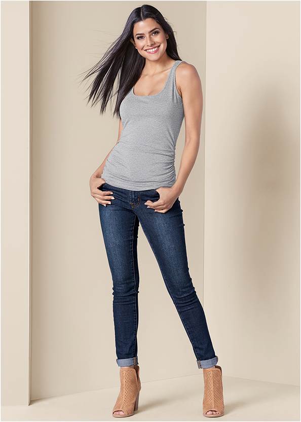 Heidi Skinny Jeans,Square Neck Tank Top,Long And Lean Cold-Shoulder Top,Basic Cami Two Pack,Strappy Toe Loop Heels