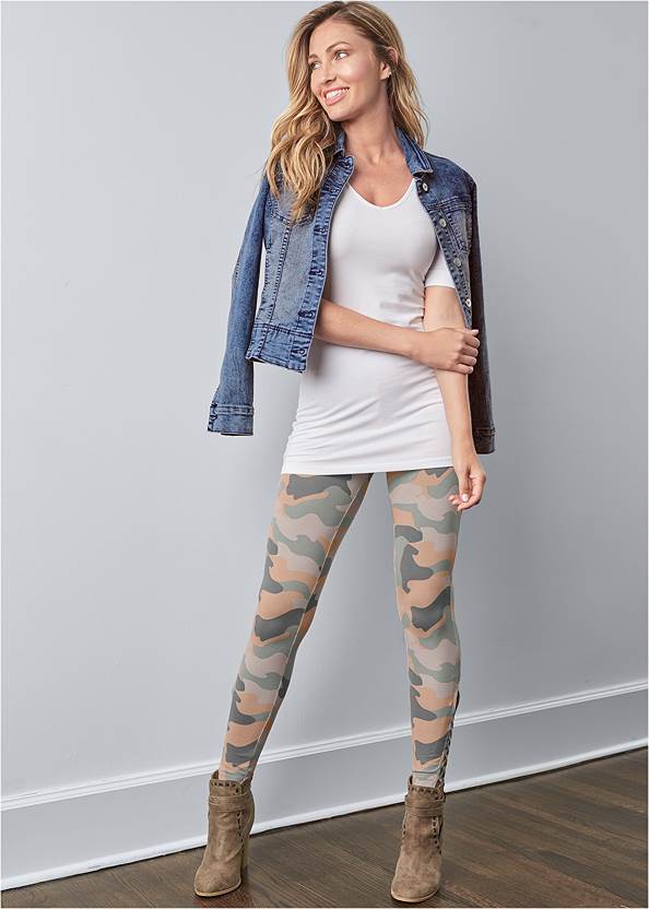 Ankle Detail Leggings,Long And Lean V-Neck Tee, Any 2 For $39,Jean Jacket,Wrap Stitch Detail Booties,Whipstitch Peep Toe Booties,Wood Earrings,Woven Beaded Tote Bag