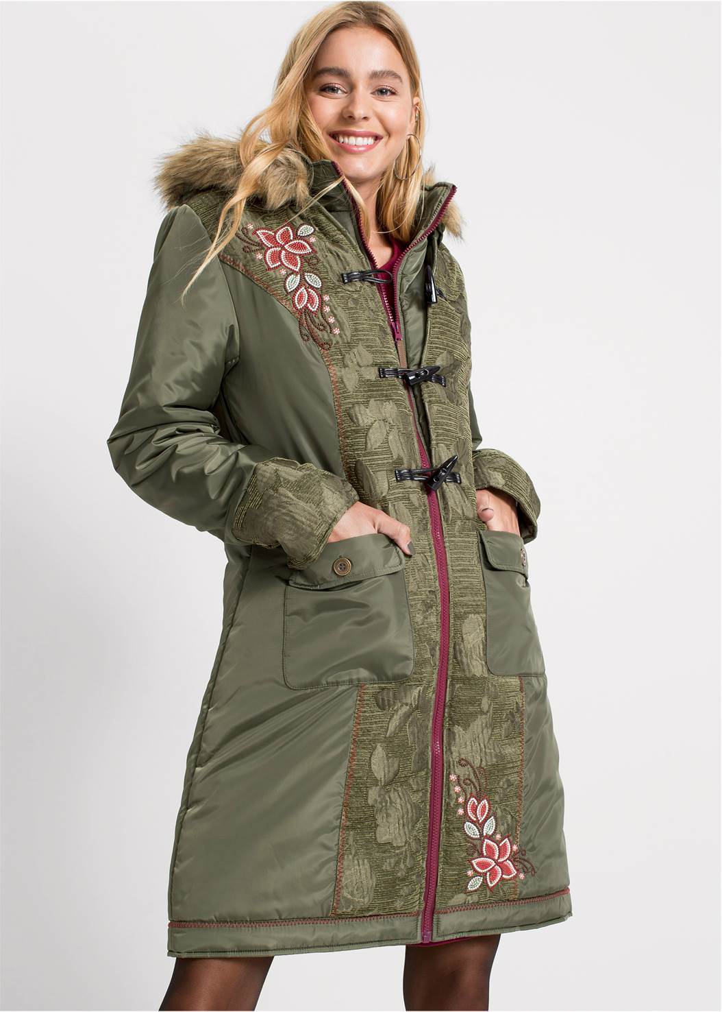 Embroidered Long Coat in Olive Multi | VENUS