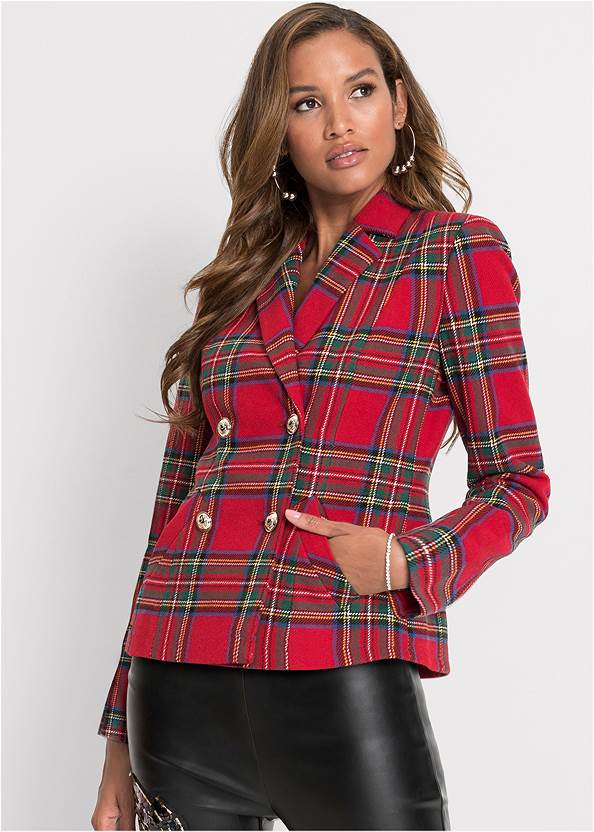 Plaid Jacket,Faux-Leather Pants,Chain Buckle Booties