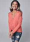 Cropped front view Crochet Sleeve Button Up Top