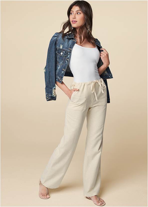 Linen Drawstring Pants,Basic Cami Two Pack,Cropped Puff Sleeve Denim Jacket,Rhinestone Thong Sandals,Double Strap Cork Wedges,Hammered Gold Drop Earrings