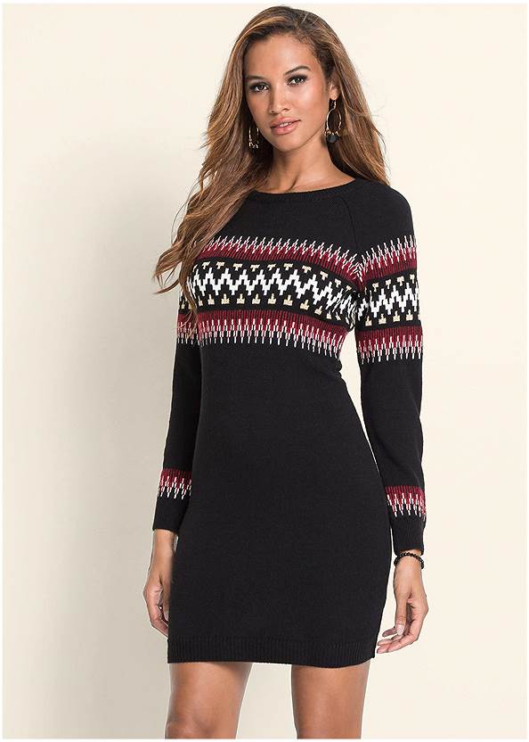 Printed Sweater Dress,Lace-Up Back Detail Boots,Stretch-Back Boots,Beaded Sparkle Hoop Earring,Quilted Chain Handbag