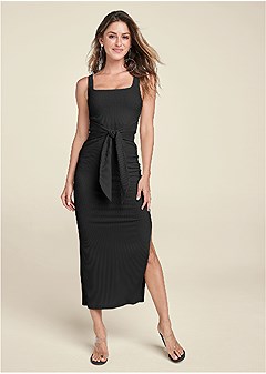 Square Neck Ribbed Midi Dress in Black