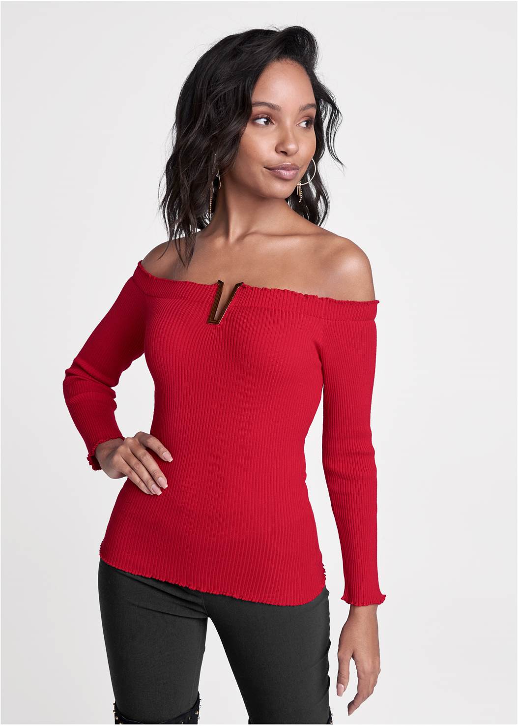 Metal Detail V-Front Sweater in Red | VENUS