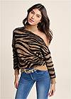 Cropped front view Tiger Print Turtleneck Sweater