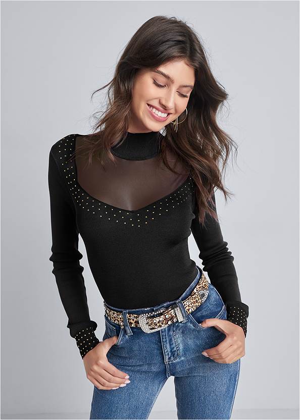 Mesh Inset Sweater,Bum Lifter Jeans,Faux-Leather Pants,Pearl By Venus® Strapless Bra,Sexy Ankle Strap Heels,Chain Buckle Booties,Tassel Hoop Earrings,Studded Faux-Leather Tote