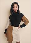 Cropped front view Belted Color Block Sweater Dress