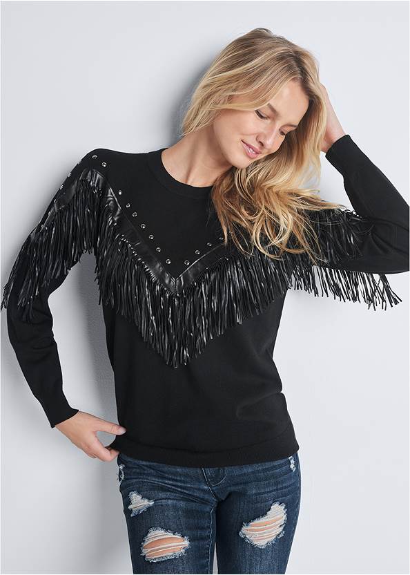 Cropped front view Fringe Detail Sweater