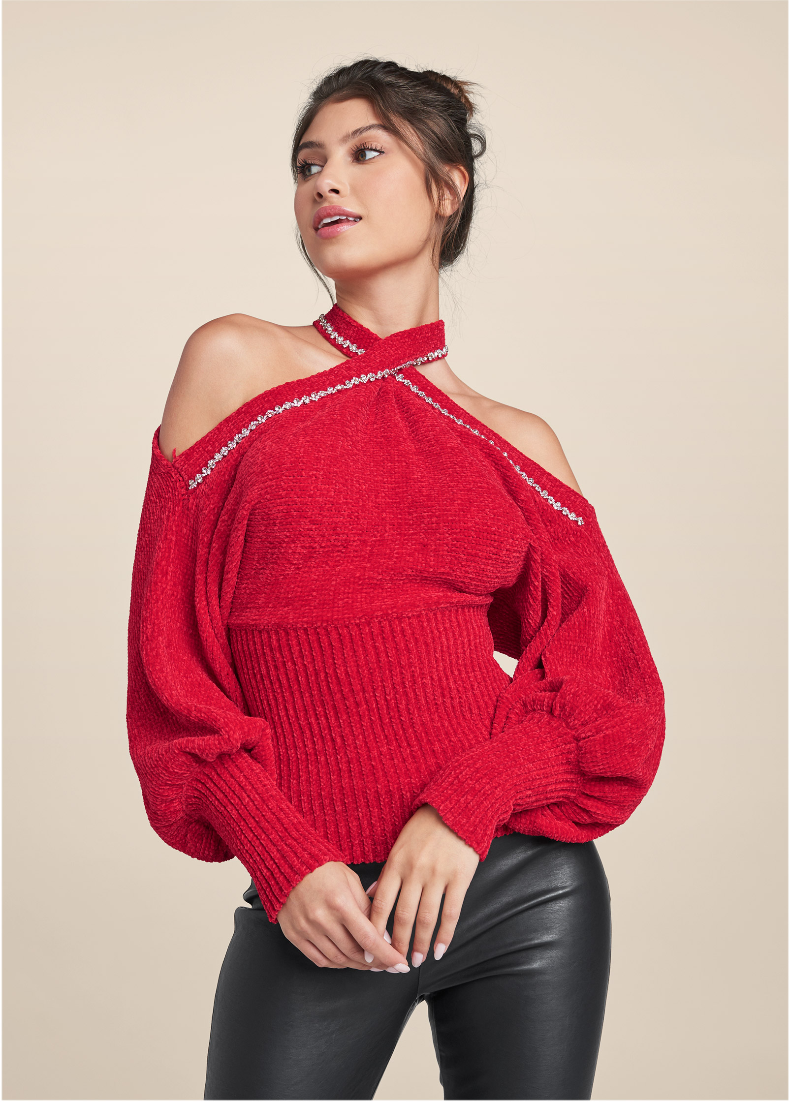 Crisscross Front Cold Shoulder Sweater in Red VENUS