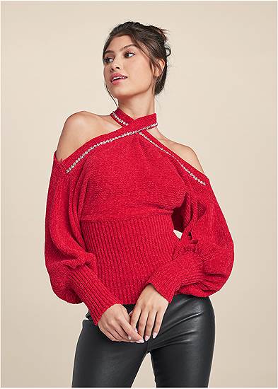 Plus Size Crisscross Front Cold Shoulder Sweater