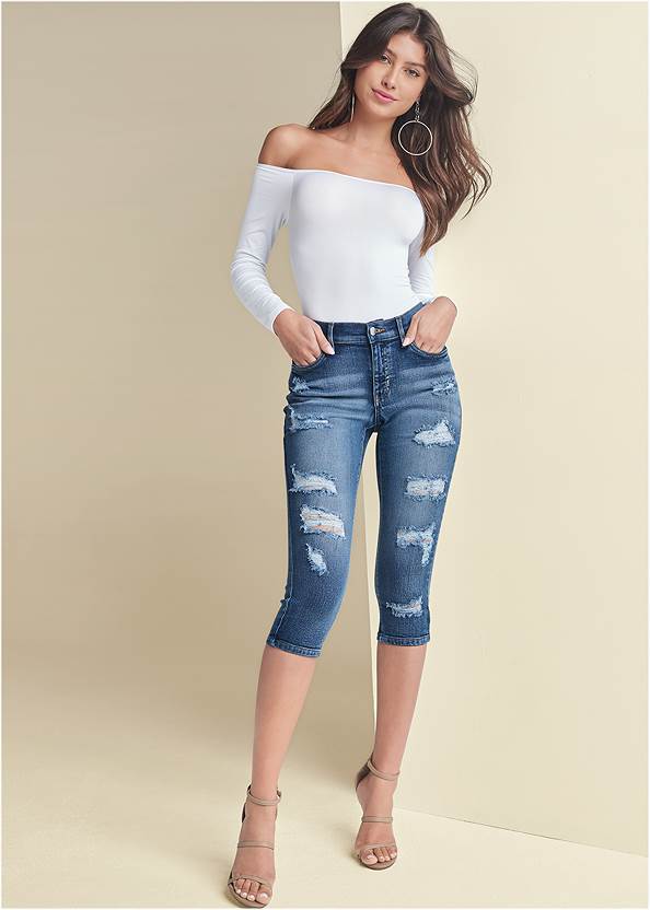 Ripped Capri Jeans,Off-The-Shoulder Top,Easy Halter Top,High Heel Strappy Sandals,Rope-Sole Wedge Slides,Hoop Earrings,Embellished Clutch