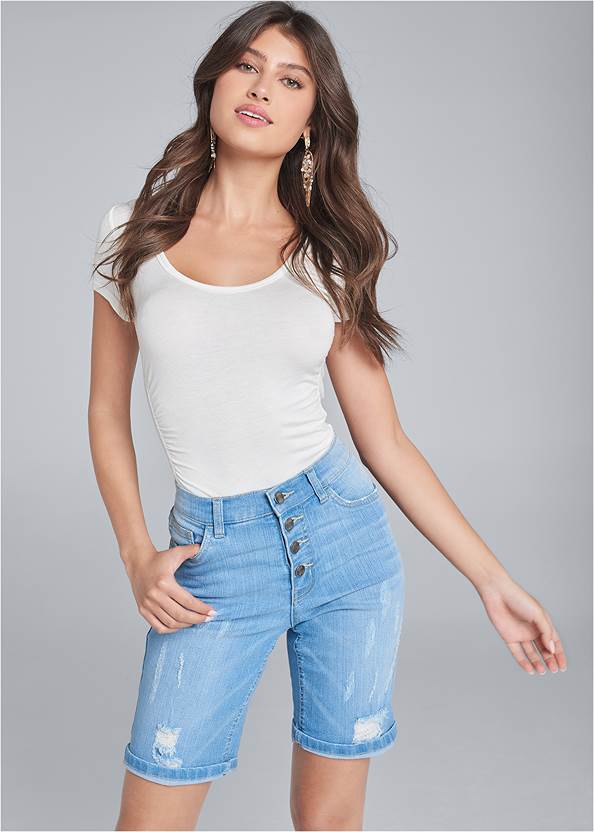 Distressed Bermuda Shorts,Ruched Detail Top