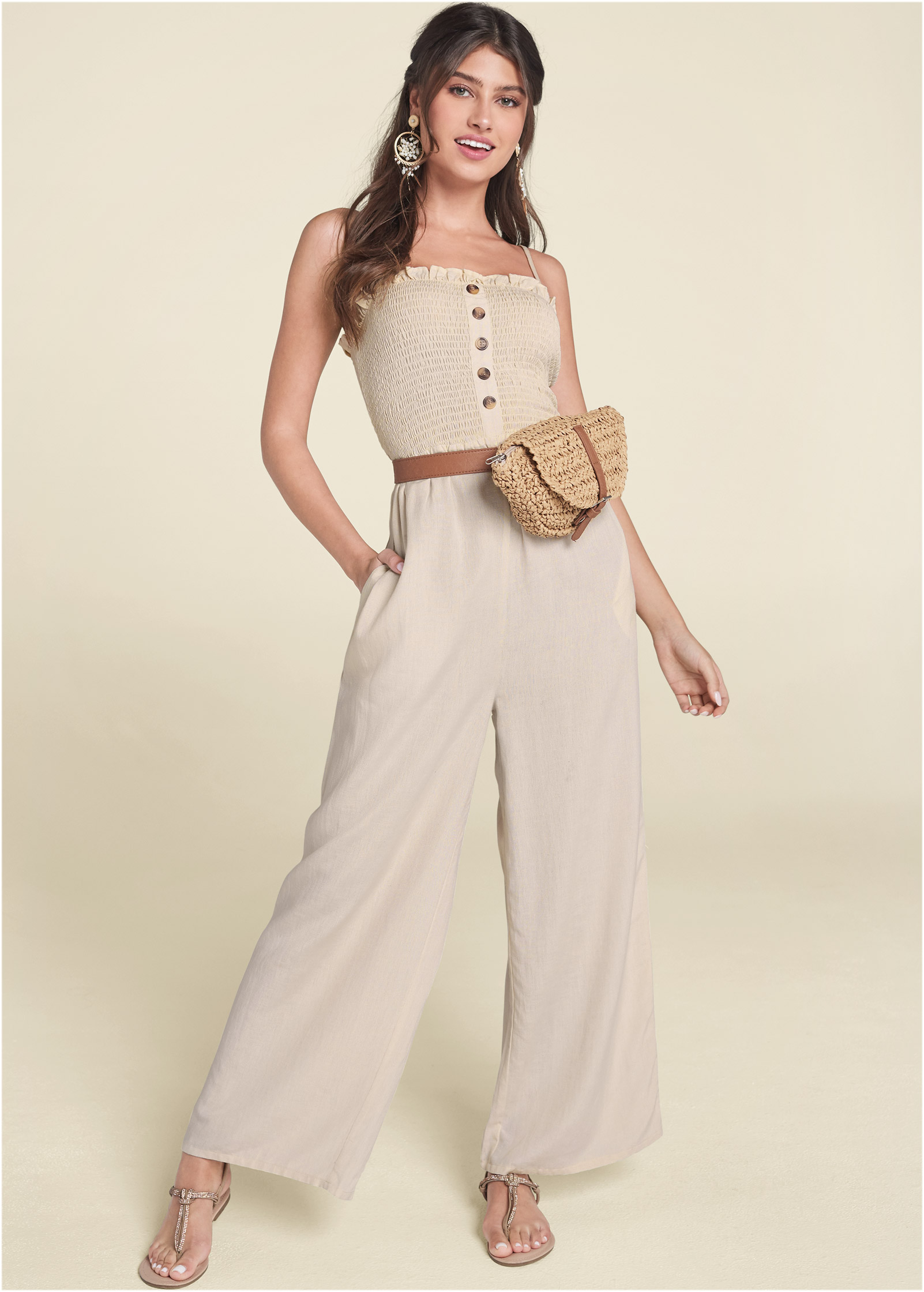 smocked linen jumpsuit