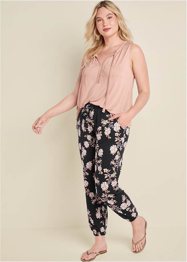 Floral Printed Pants,Tie Detail Casual Top,Rhinestone Thong Sandals,Multi Color Stone Sandals