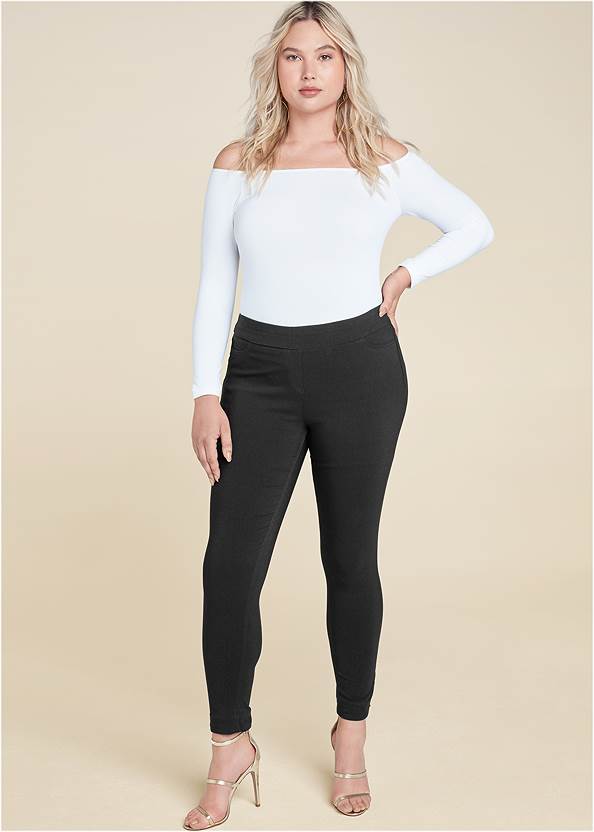 Mid-Rise Slimming Stretch Jeggings,Off-The-Shoulder Top,High Heel Strappy Sandals