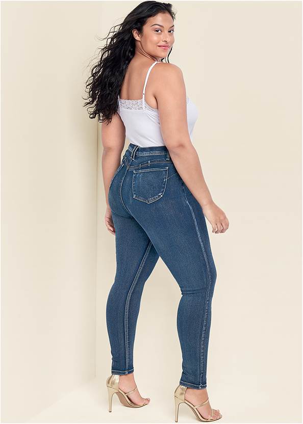 Bum Lifter Jeans,Basic Cami Two Pack,Easy Halter Top,High Heel Strappy Sandals,Long Circle Earrings,Faux Leather Bucket Bag