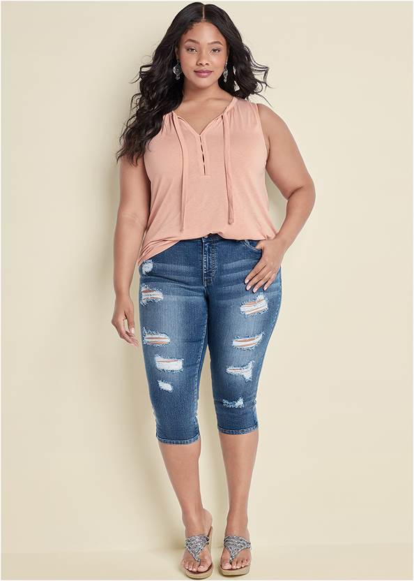 Ripped Capri Jeans,Tie Detail Casual Top,Cold-Shoulder V-Neck Top, Any 2 Tops For $39,Embellished Wedges,Transparent Studded Heels,Studded Gladiator Sandals,Beaded Leaf Earrings,Sequin And Straw Tote
