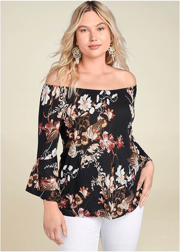 Off-The-Shoulder Floral Top,Flare Sleeve Printed Top,Mid Rise Color Skinny Jeans,Mid Rise Slimming Stretch Jeggings,Strappy Toe Loop Heels