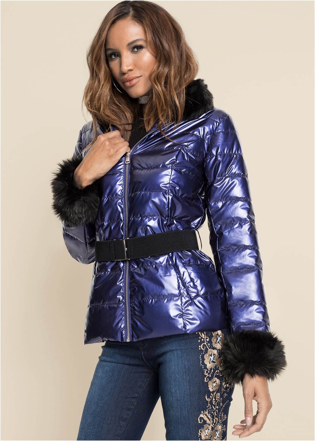 Faux-Fur Trim Puffer Jacket in Blue | VENUS