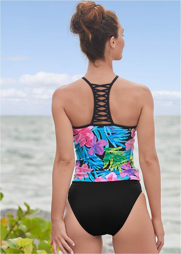 Strappy Back Tankini Top,Classic Hipster Mid-Rise Bottom,Banded Moderate Bottom,Tie-Side Bottom,Mesh Wrap Skirt