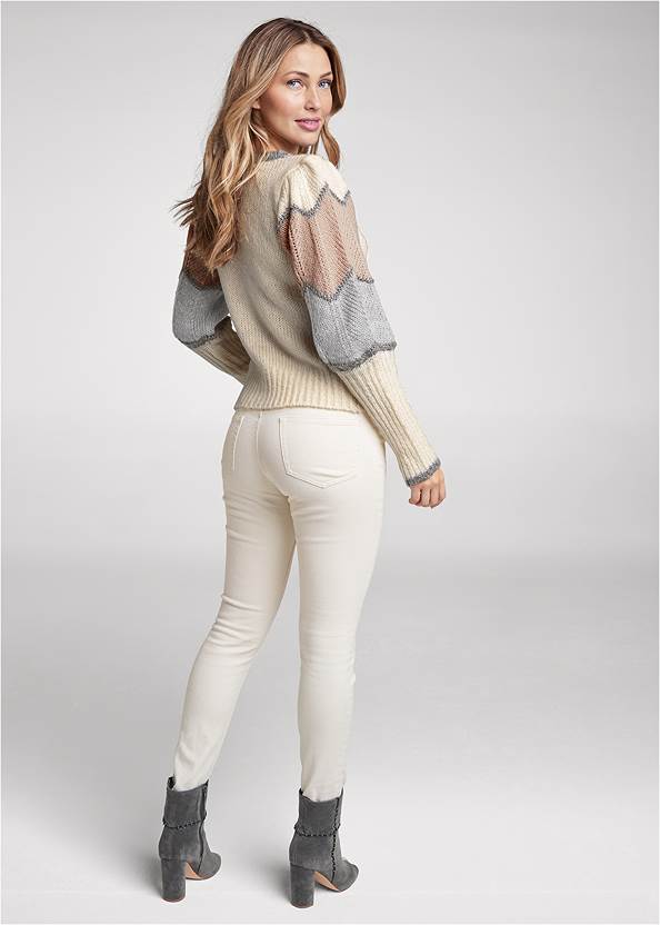 Back View Color Block Puff Sleeve Cardigan