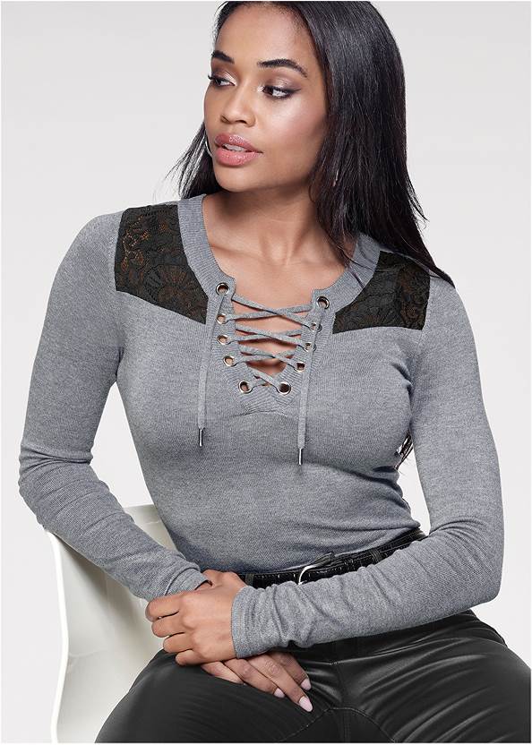 Alternate View Lace-Up Detail Sweater