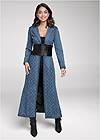 Front View Quilted Jean Trench With Faux Leather Detail
