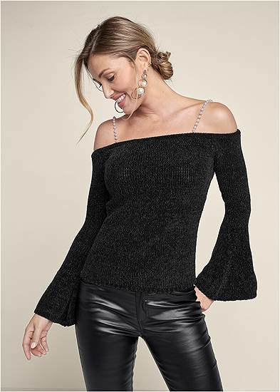 Off-Shoulder Pearl Strap Chenille Sweater