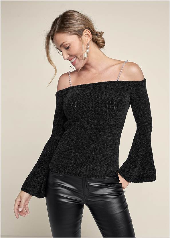 Off-Shoulder Pearl Strap Chenille Sweater,Faux-Leather Pants,Velvet Pants,High Heel Strappy Sandals,Python Clutch