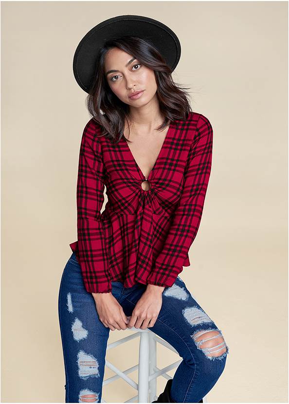 Plaid Ring Detail Top,Ripped Skinny Jeans,Fishnet Inset Jeans,Studded Buckle Belt Booties,Western Buckle Wrap Boots