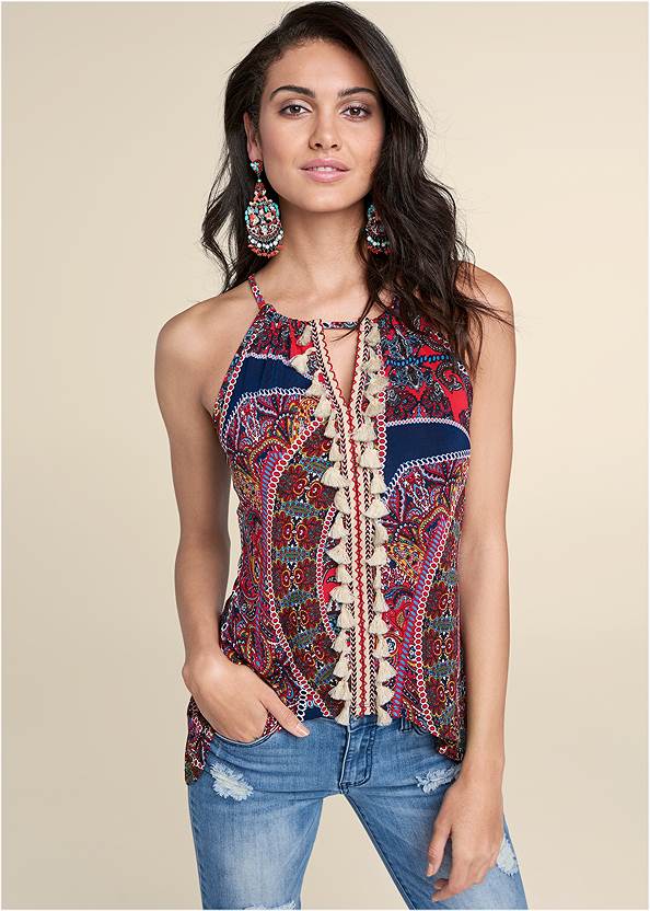 Paisley Print Tassel Top,Triangle Hem Jeans,Lace-Up Flare Jeans,High Heel Strappy Sandals,Beaded Chandelier Earrings