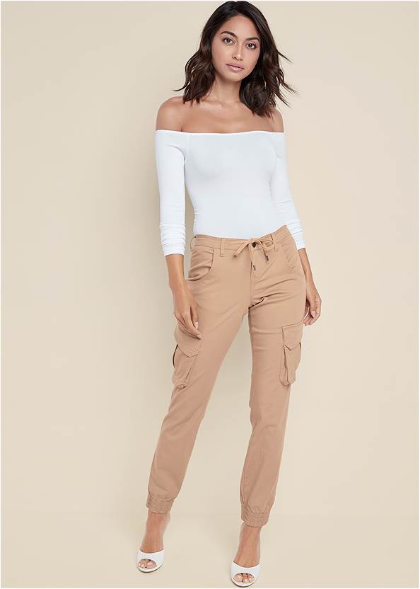 Cargo Pants,Off-The-Shoulder Top,Color Block Top,Braided Double Strap Mules