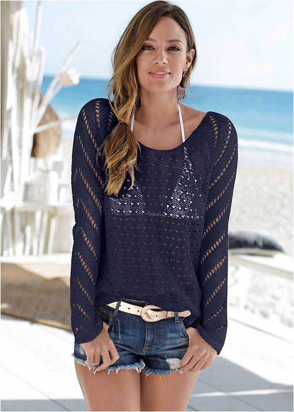 Open Knit Sweater,The Genevieve Bottom,Basic Cami Two Pack,Distressed Jean Shorts,Triangle Hem Jeans,Rhinestone Thong Sandals,Lace-Up Star Sneakers,Palm Tree Earrings,Paisley Denim Weekender Bag