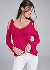 Cropped Front View Cold-Shoulder Sweater