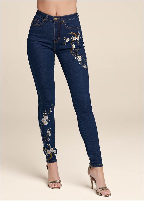 Front View Floral Embroidered Skinny Jeans